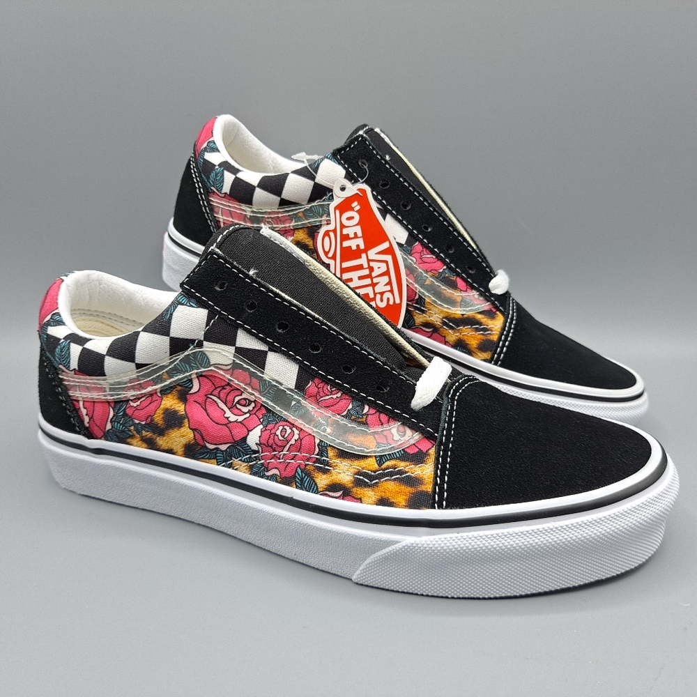 New Vans Old Skool Rose Leopard Animal Print Check Checker Black Suede and White